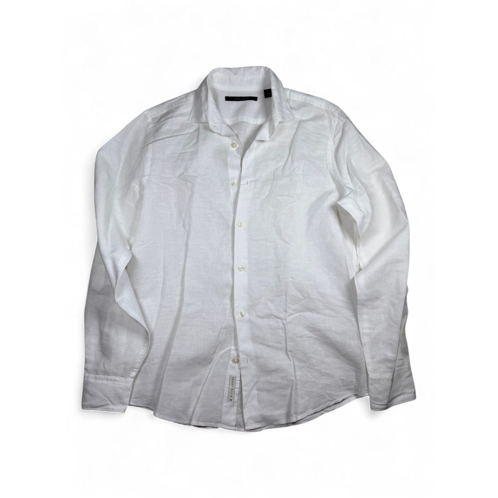 Perry Ellis Mens White Linen Long Sleeve Roll Tab Button Down Shirt Small